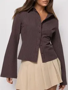 Women's All-Over Striped Print Button Front Blouse, Casual Long Sleeve Top for Spring & Fall, Ladies Clothes for Daily Wear, Casual Fashion Shirt