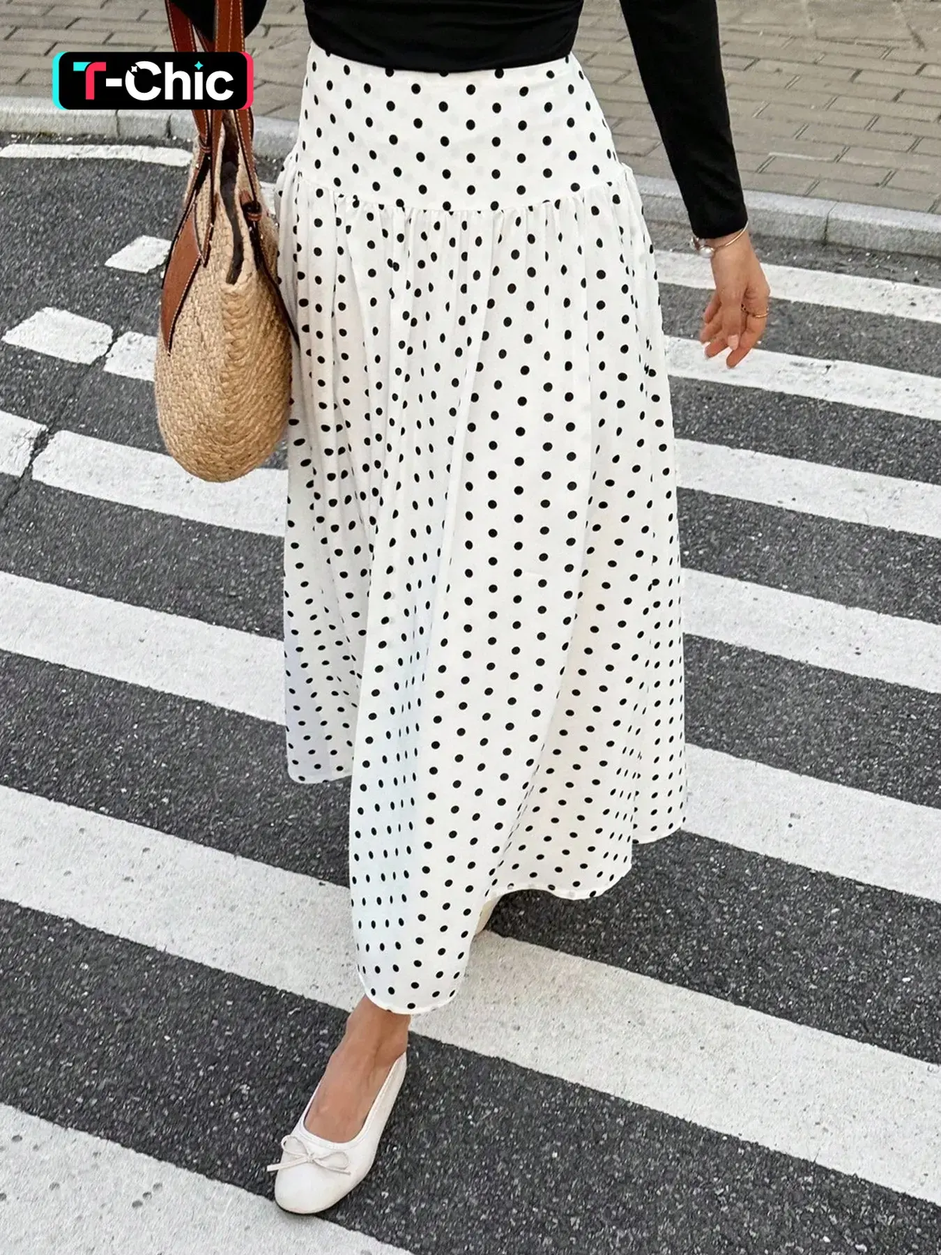 Women's Woven Polka Dot Print Midi Skirt Fit, High Waist Gathered Ruffle Hem, Daily Casual Commute Vacation Date Wear, Breathable Lightweight Wrinkle-Resistant, Minimalist Casual French Style, High Waist Skirts, High Waisted Skirt