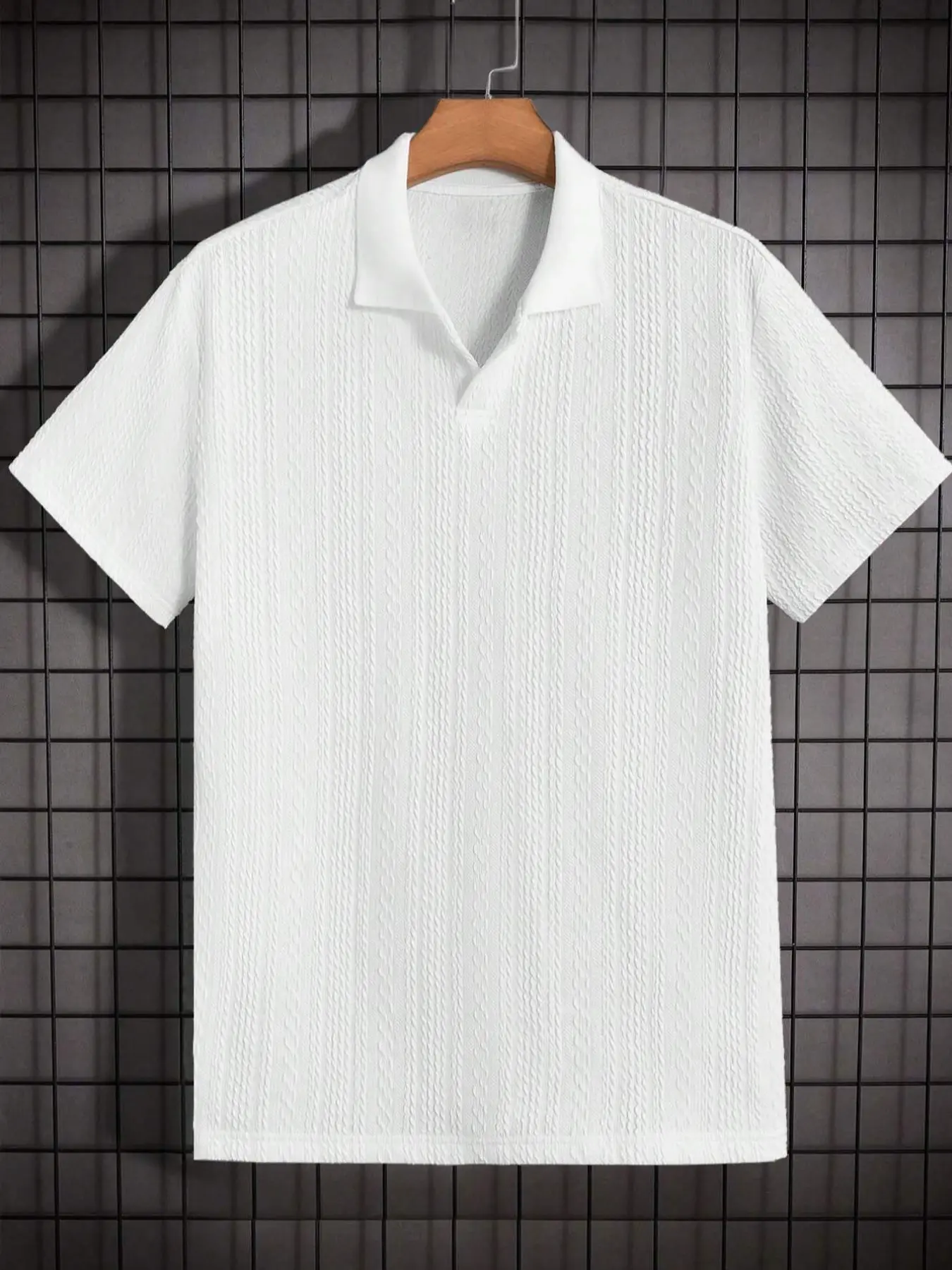 Men's Solid Jacquard Knit Polo Shirt, Regular Fit Casual Short Sleeve Collared Top for Summer, National Day Clothing, Fashion Menswear Men's Clothes for Daily Wear，summer outfits，mensfashion，mens clothing，guys giftsJacquard polo shirt funny men