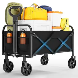 GARVEE Wagons Foldable Carts, Utility Foldable Cart with All-Terrain Wheels, Cup Holder and Adjustable Handle, Portable 50 KG Shopping Cart for Shopping, Camping, Garden (Black)