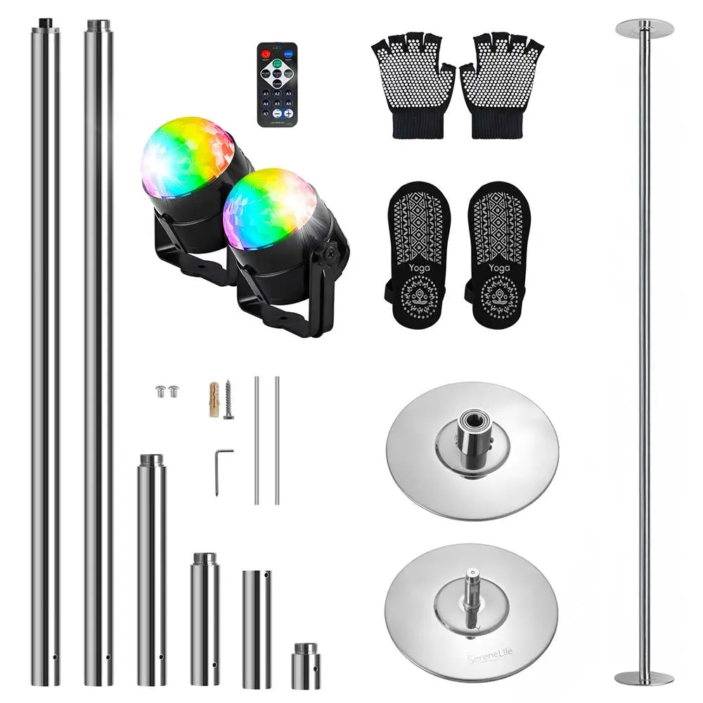 Spinning Dance Pole with LED Lights | Heavy-Duty Steel Fitness Pole with Adjustable Height, 1102 lbs Capacity, Non-Slip Base & Easy Install - Portable Pole Dancing Kit with Gloves, Socks & More Accessories  - Perfect for Home, Gym & Club