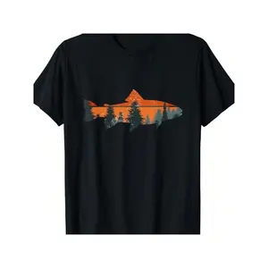 Men's Premium Cotton Short-Sleeve Round Neck Vintage Graphic Tee Top - Trout Fly Fishing Print, Casual, Comfy, Breathable, Machine Washable - Ideal for Outdoor Enthusiasts