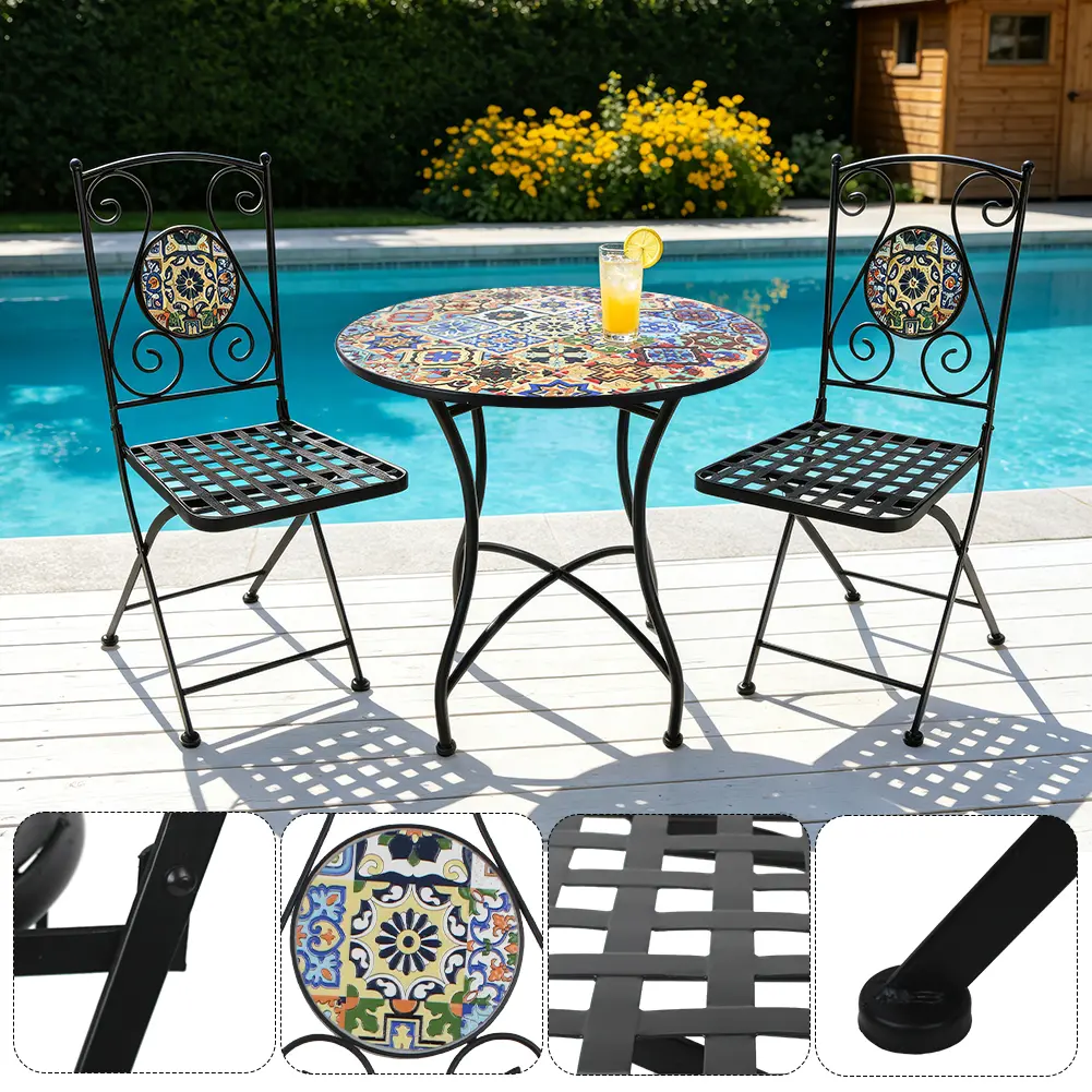 2-Pack Wrought Iron Patio Bistro Chairs - Boho Mosaic Tile Backrest, Foldable Legs, Grid Mesh Seat, Pre-Assembled Side Dining Chairs for Garden, Porch