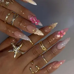 Summer Tropical Vibes Press On Nails, Island-Inspired Press On Nails, Pink Ombré Nails, 3D floral pink nails,Handmade Beach Press On Nails