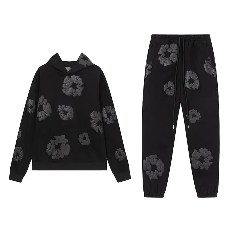 Men's 2-Piece Tracksuit Set - 3D Foam Wreath Floral Print Oversized Hoodie & Jogger Pants, Hip Hop Streetwear Matching Sweat Suit, 4 Solid Colors Available