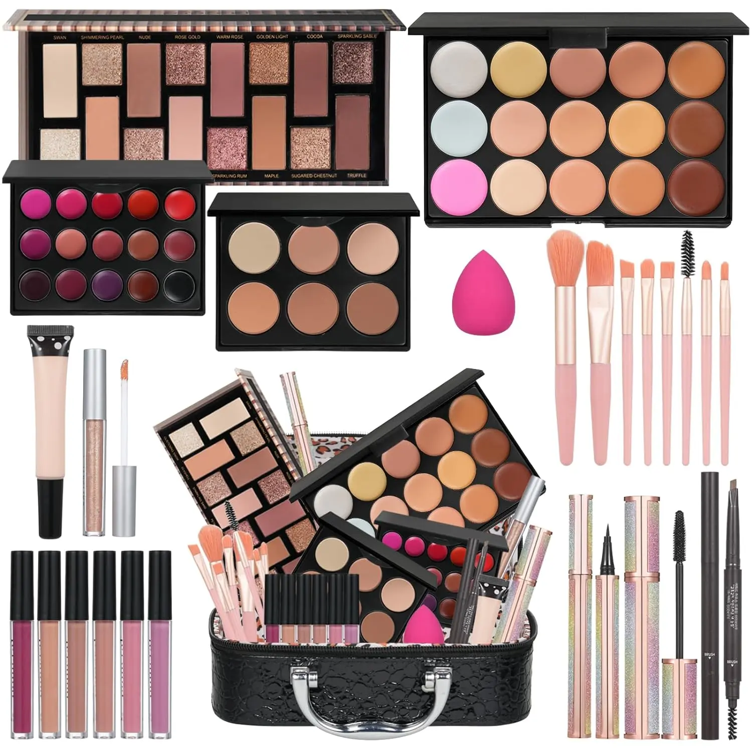 All In One Makeup Kit For Girls Gift, Makeup Kit For Women Full Kit Includes Sponge Eyeshadow Liquid Lipstick Concealer Eyeliner Eyebrow Makeup Bag Cosmetic  Set