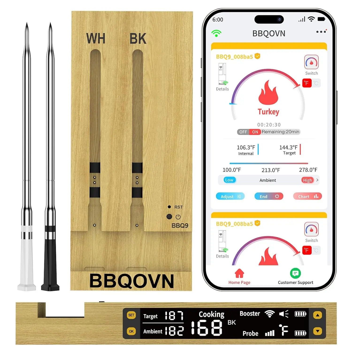 Wireless Digital Meat Food Thermometer with Wood Design & LED Display, Smart Bluetooth-WiFi Kitchen Gadget, Waterproof Precise Kitchen Utensil for BBQ Cooking (No App Needed)