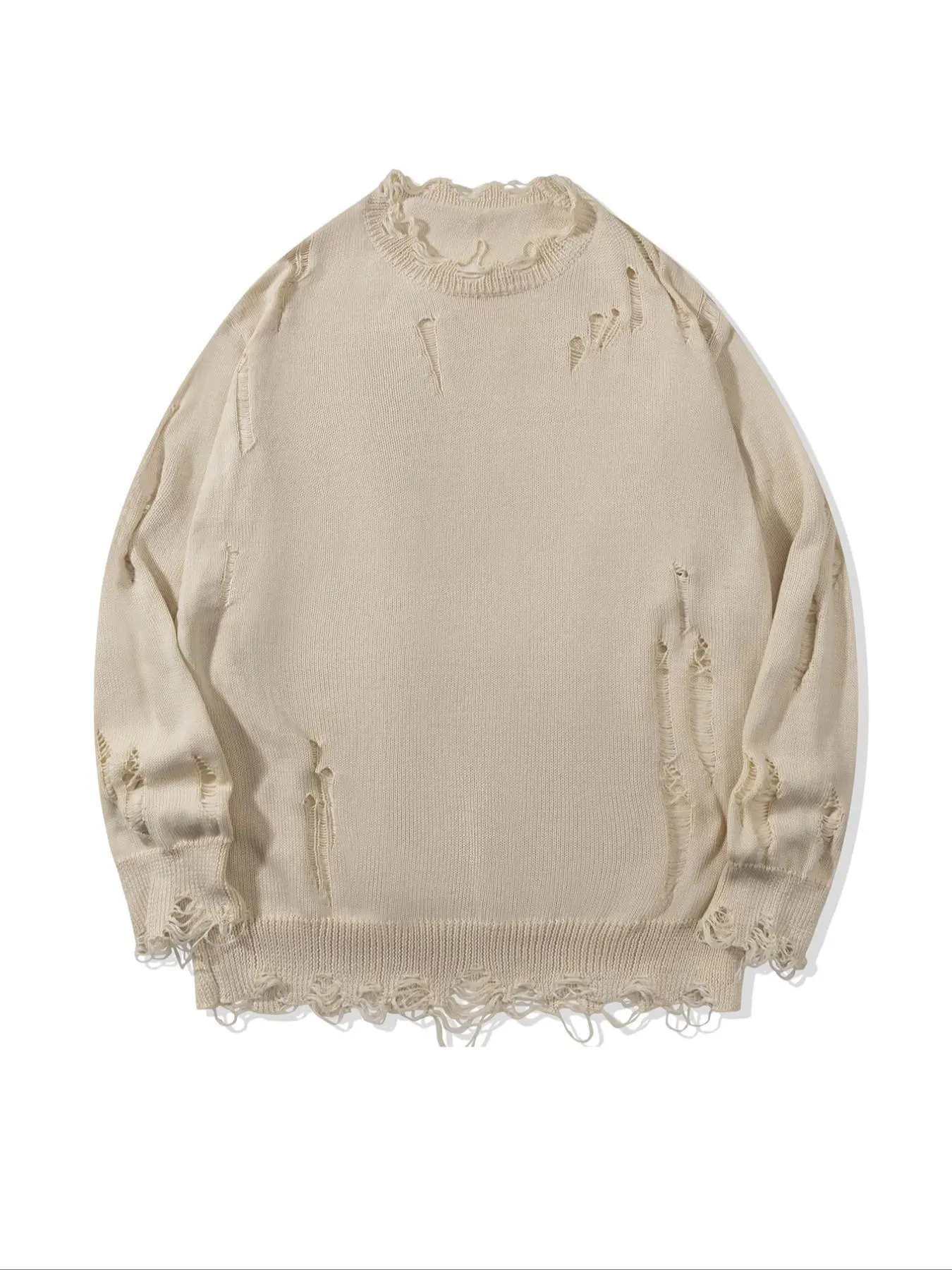 Men's Solid Ripped Raw Hem Drop Shoulder Sweater, Casual Comfy Pullover, Loose Casual Long Sleeve Round Neck Jumper for Spring & Fall, Fashion Men's Knitwear for Daily Wear