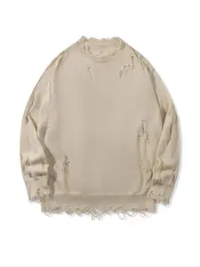 Men's Solid Ripped Raw Hem Drop Shoulder Sweater, Casual Comfy Pullover, Loose Casual Long Sleeve Round Neck Jumper for Spring & Fall, Fashion Men's Knitwear for Daily Wear