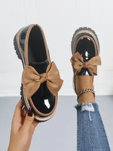 Women's Bowknot Loafers Spring & Fall 2026 New Style, Casual PU Leather Shoes, Less Than Ankle Height, PVC Sole