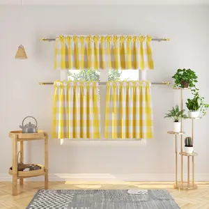 3 Pc Cotton Classic Country Farmhouse Kitchen Window Curtain Yellow & White Buffalo Check Tier & Valance Set 54" x 18" / 27" x 36"