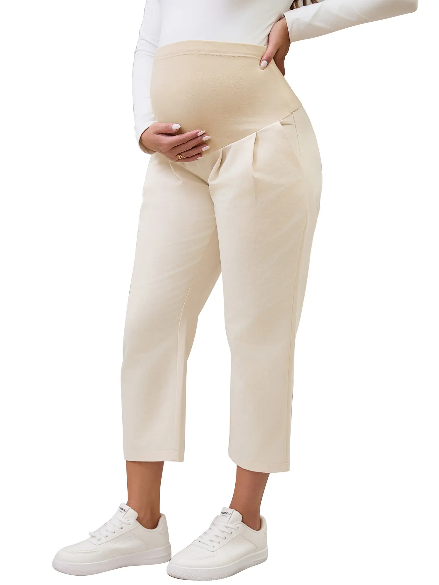 INSPIRE CHIC Women's Cotton Maternity Pants Straight Slacks Casual Over Belly Cropped Pregnancy Trousers with Pockets