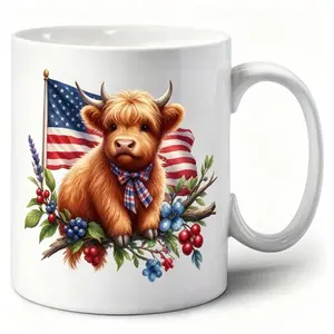 4th of July Highland Cow Ceramic Mug 250th Anniversary American Flag Patriotic Coffee Cup Cute Cow Floral Design for Independence Day Celebration