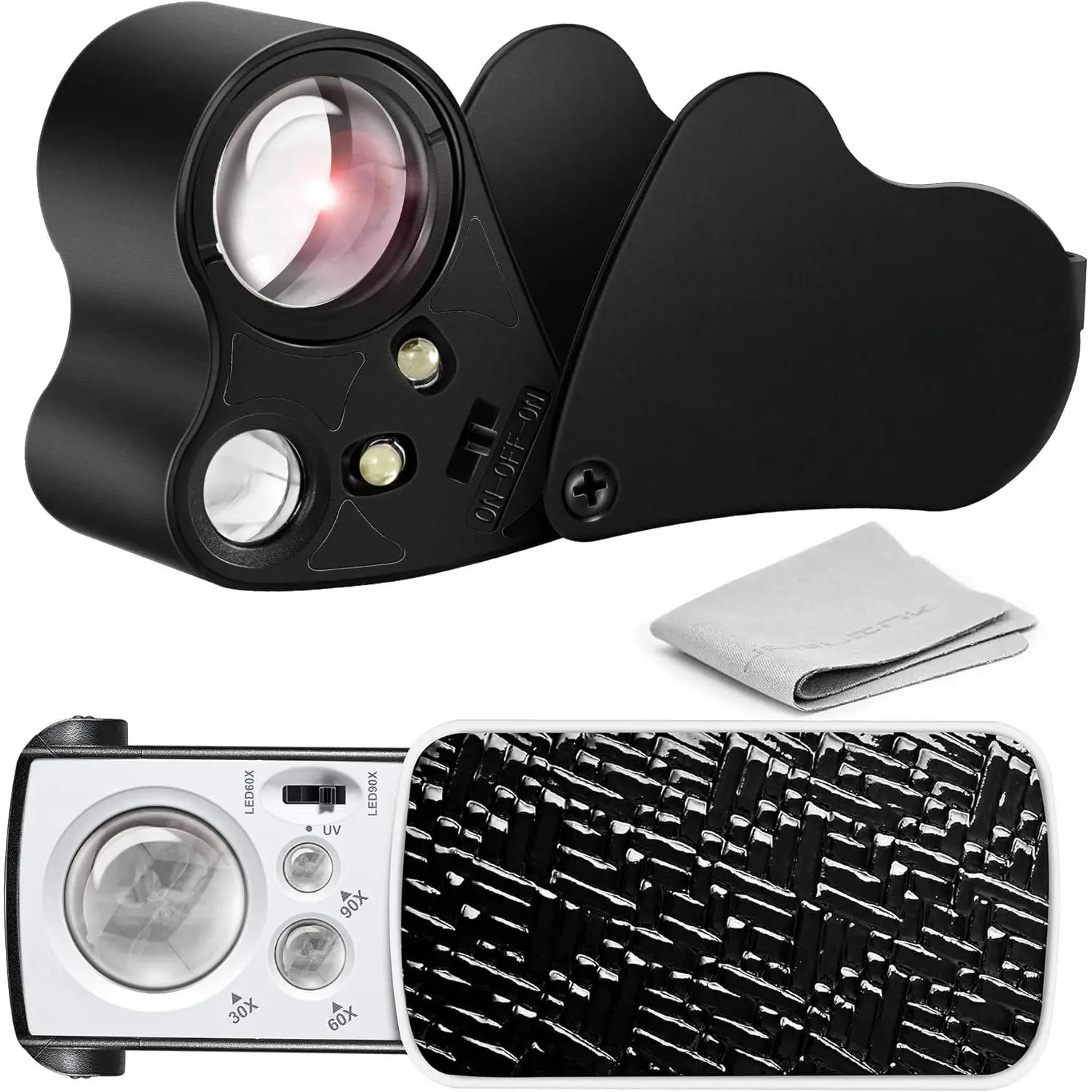 2-Pack Jewelers Loupe with 30X/60X/90X Magnification - Illuminated Eye Magnifier with UV Black Light, LED Lights for Collectibles, Antiques, Hobbies, Rocks (Black)