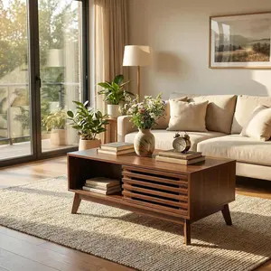 Lift Top Coffee Table with Storage, Mid Century Modern Coffee Table with Slatted Sliding Door and Hidden Compartment, 35.4'' Coffee Table with Lifting Top, Coffee Tables for Living Room, Walnut