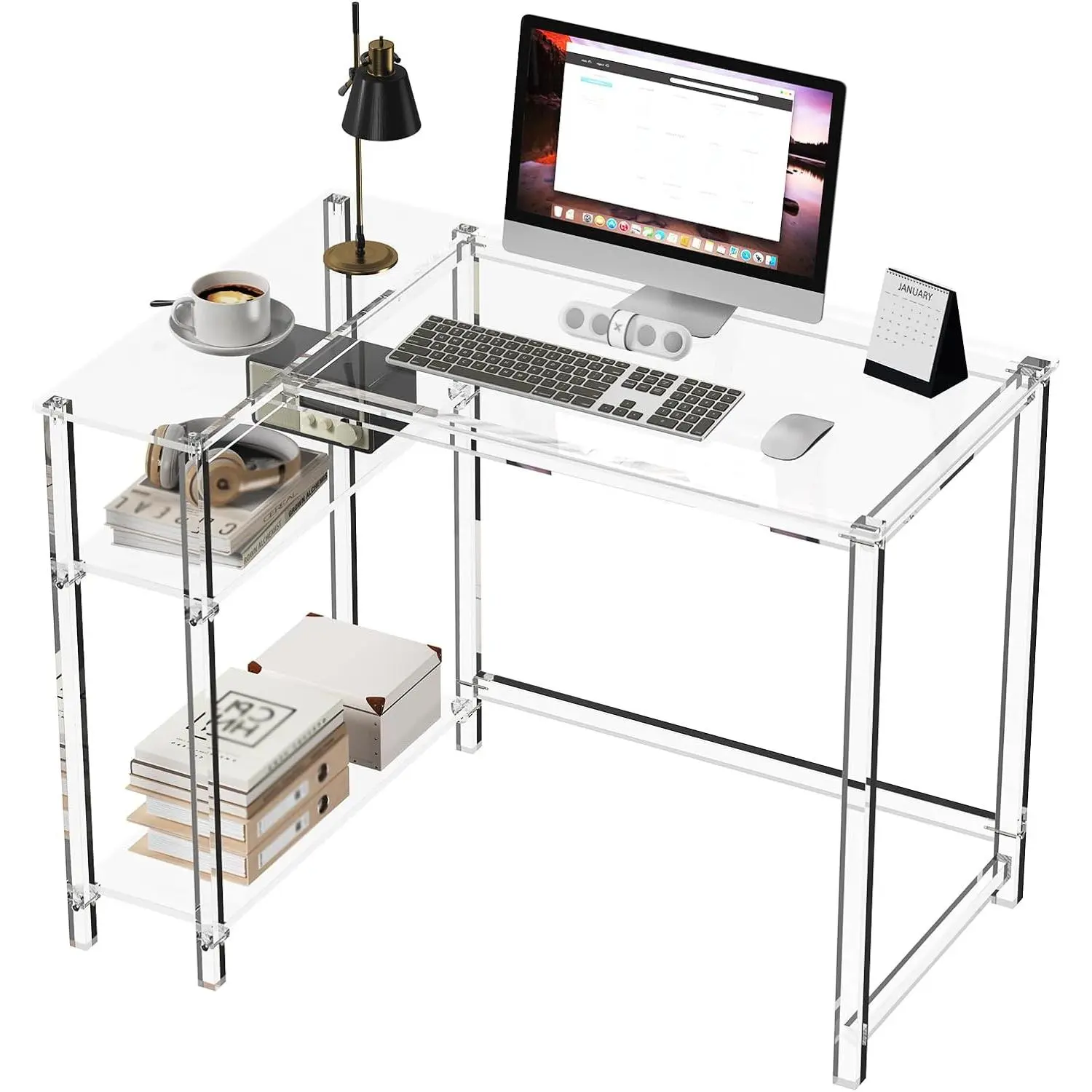 L-Shaped Desk - Clear Desk with Reversible Storage Shelves - Modern Home Office Desk Corner Desk for Study, Writing, Rectangular Legs, Easy Assembly, 39.4" L x 27''W x 29.5" H
