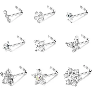 YADOCA 9Pcs 20G Nose Rings Studs with Big Bling CZ Snowflake Star Top Surgical Steel L-Shaped Nose Studs Triple Linear Gem Ball Round Diamond CZ Nose Piercing Jewelry 7mm