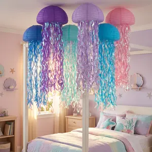 nnakoo 10-in Lightweight Blue Hanging Jellyfish Paper Lantern Ornaments (6-Pack, Random Color Mixed No.1) - Photo-Worthy Home & Nautical Ocean Theme Space Decor, Under the Sea Party Supplies, 6Pack Random Color Mixed Jellyfish Lantern No.1