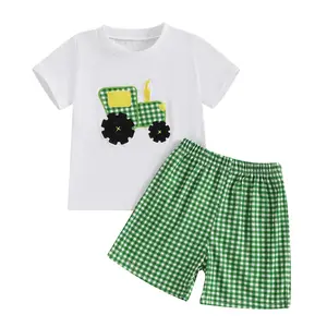 Toddler Baby Boy Summer Clothes Plaid Shorts Set Tractor Embroidery Short Sleeve T Shirt Tops Elastic Waist Gingham Boxer Shorts Two Piece Summer Outfit