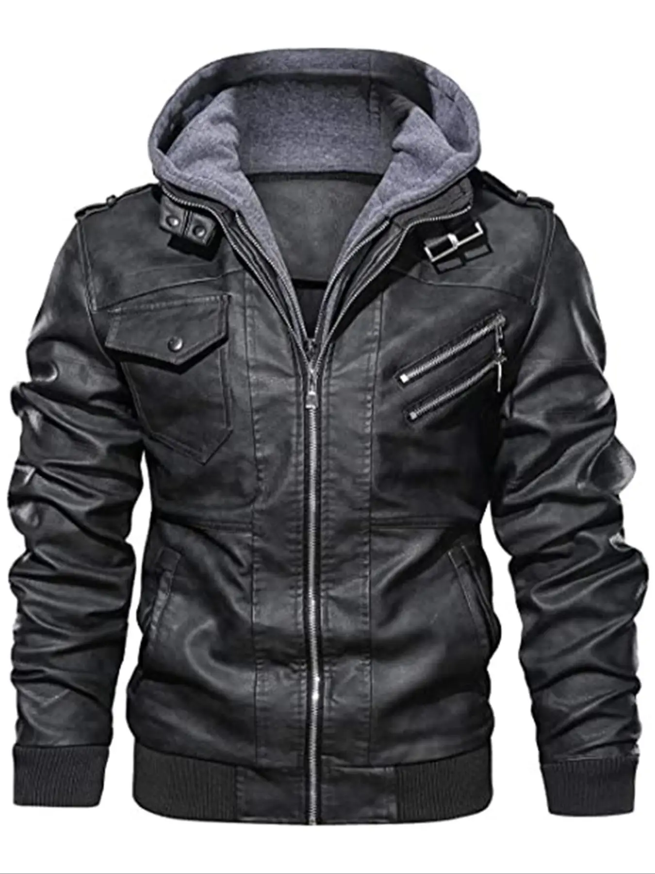 Men's Plain Long Sleeve Hooded PU Leather Jacket, Casual Regular Fit Pocket Zipper Design Bomber Jacket, Men's Winter Jackets for Daily Outdoor Wear D