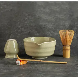 5 Pcs Complete Ceramic Matcha Whisk Set Includes Match Bowl with Spout, Whisk, Whisk Stand and Bamboo Matcha Scoop