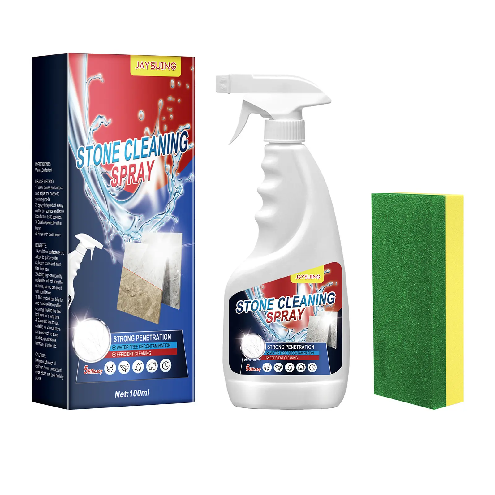 Jaysuing Spray Type Water-Based Marble Cleaner - Adjustable Nozzle Stain Remover Spray for All Kinds of Stone Surface, Tile Cleaning, with Brush & Gloves for Decontamination, Scratch Repair, Brightening & Oxidation Resistance