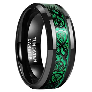 Men's 8mm Black Tungsten Wedding Band Green Celtic Dragon Inlay Comfort Fit Scratch Resistant - Yonifu Durable Mythical Promise Ring Gift for Him
