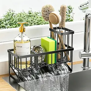 Upgraded Kitchen Sink Caddy Organizer with Drip Tray & Towel Bar, Rustproof Sink Sponge Holder, No-Drill Countertop Cleaning Tool Organizer Storage Rack for Cleaning Supplies