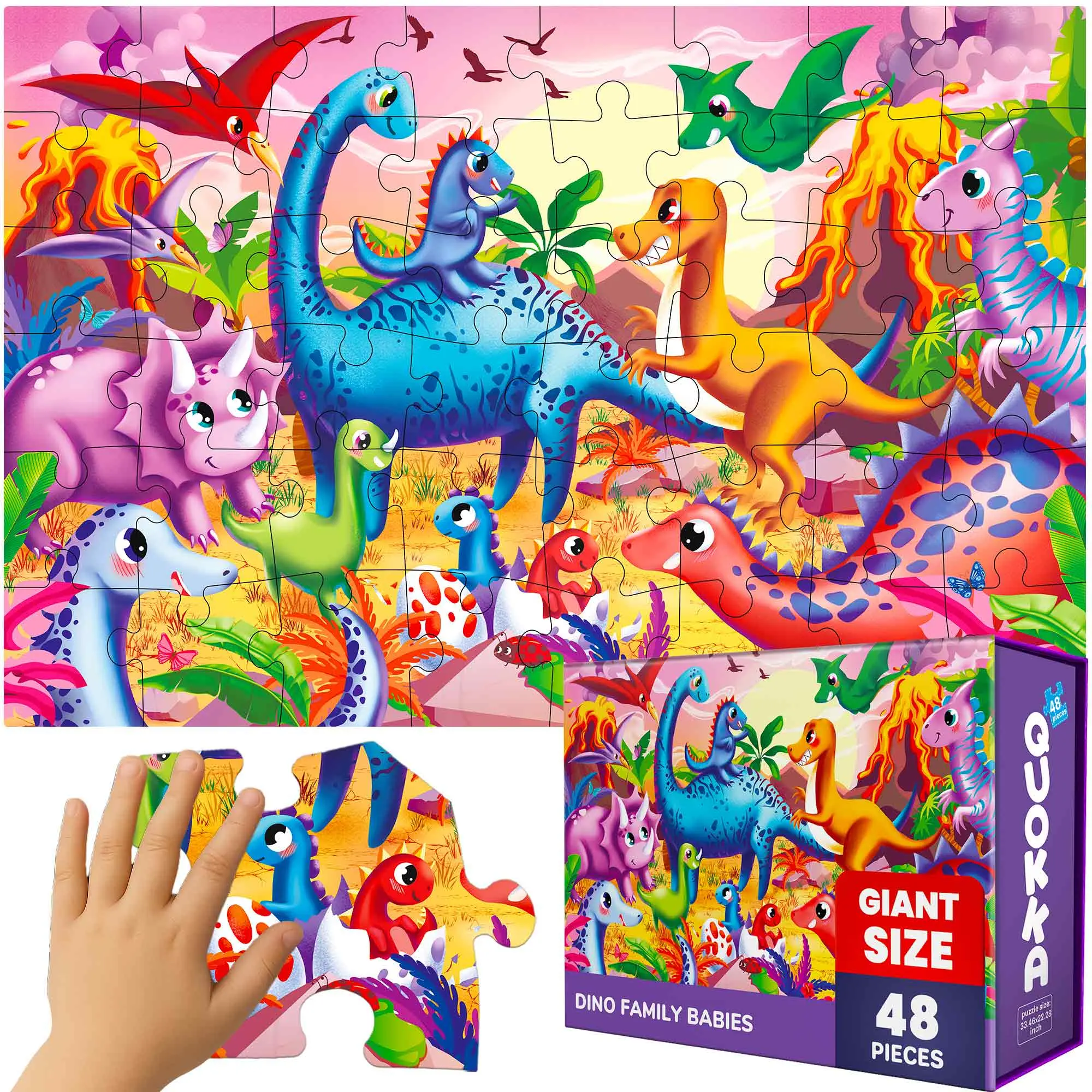 QUOKKA Giant Cardboard Floor Puzzle - 48-Piece Dinosaur Illustrations, Educational Teaching Tool for Kids Ages 4-8, Boosts Cognitive Development, Fun Toys & Hobbies Activity, Floor Puzzles