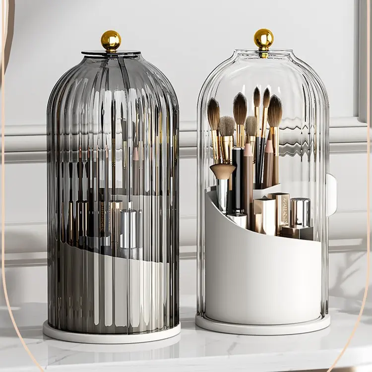 360-Degree Rotating Dustproof Makeup Brush Organizer with Storage Organization, Classic Transparent Premium Plastic Compartmental Cosmetic Holder, Round Vanity Desktop Pen Case with Key-Locked Large Book Safe for Organizer Storage