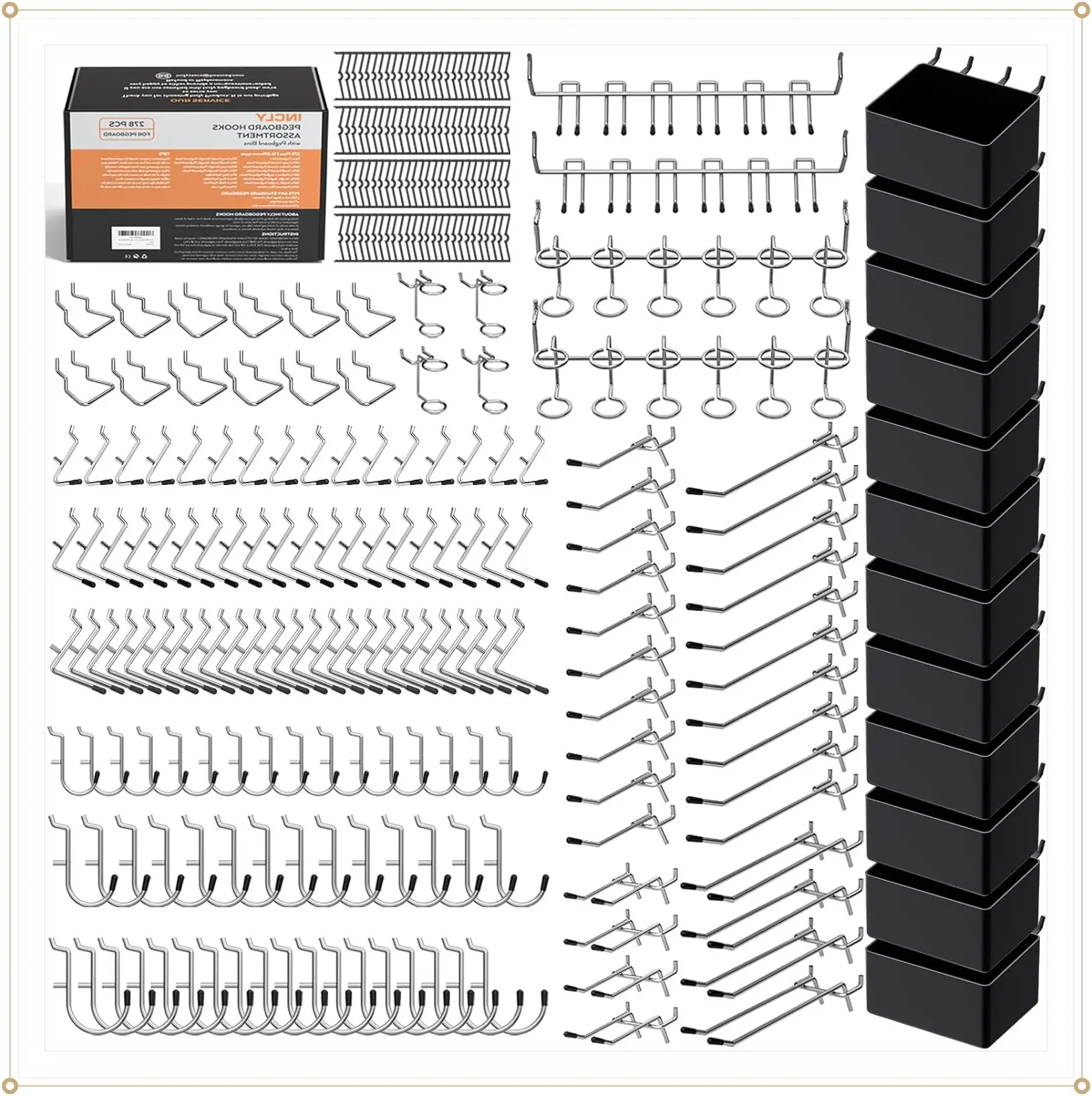INCLY 278PCS Pegboard Accessories Organizer Kit, Peg Board Hooks Assortment with Bins for Organizing Various Tools, Fit 1/8 or 1/4 inch Pegboard for Hanging Storage, Garage Wall AttachmentsGift