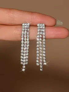 Elegant Long Rhinestone Tassel Earrings for Women, Sparkling Crystal Drop Earrings, Minimalist Luxury Dangle Earrings for Party Wedding, Bridal Drop Earrings