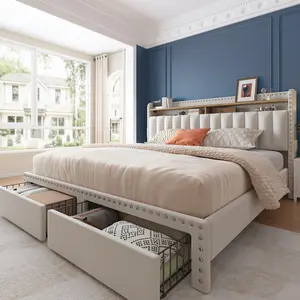 Luxury Bed Frame with Storage, NO MATTRESS, King Size bed with Headboard, Upholstered Queen or Full Size Divan Beds with 2 Drawers and Built-in Shelves