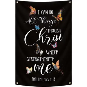 Jesus Tapestry Philippians 4:13 Bible Scripture Decor I Can Do All Things Through Christ Wall Banner Christian Jesus Flags for Indoor and Outdoor Wall Hanging