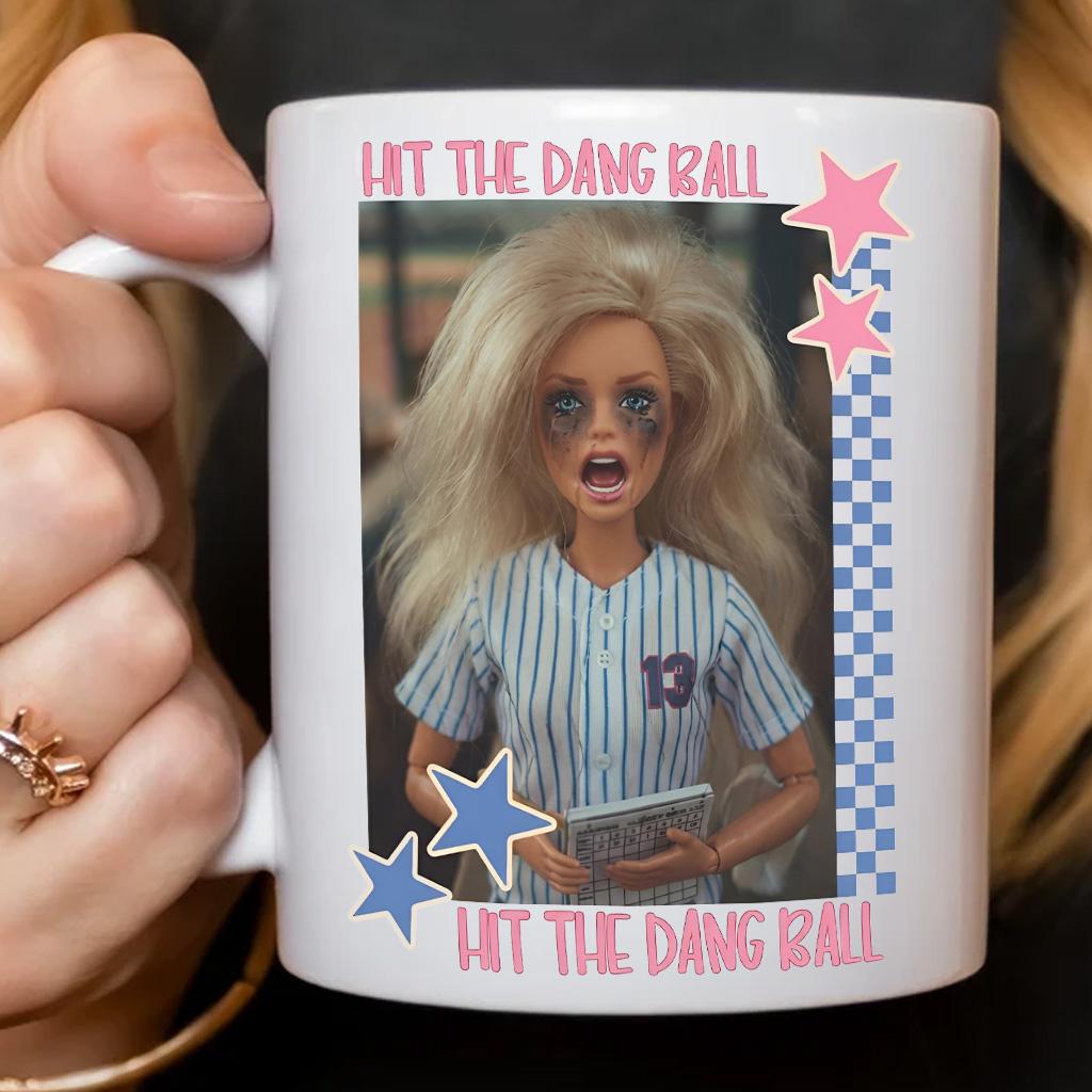 Hit The Dang Ball Funny Baseball Mom Mug, Game Day Softball Cup, Distressed Doll Face Meme Coffee Mug - scs17271
