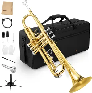Trumpet Brass Standard  Trumpet Instrument for Student School Band Orchestra Adult  Beginner with Hard Case, Stand, Cleaning Kit, White Gloves, Valve Oil and 7C Mouthpiece