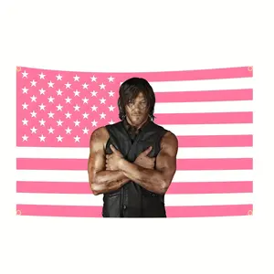 60in x 40in 1pc The Walking Dead Daryl Dixon Norman Reedus Pink American Flag Tapestry - Durable Polyester Wall Hanging Decor for Indoor/Outdoor, Four Copper Holes for Easy Hanging, Perfect for Living Rooms, Bedrooms, Dorms And Outdoor Spaces Decoration s