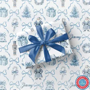 Blue Toile Wrapping Paper Christmas Blue Bow Gift Wrap Personalized Elegant Holiday Wrapping Paper Blue Nutcracker Gift Wrap First Christmas