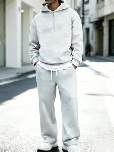 Men's 2-Piece Long Sleeve Plain Clothes Set - Half-Zip Hoodie, Drawstring Pocket Sweatpants, Stylish Casual Menswear for Spring, Autumn