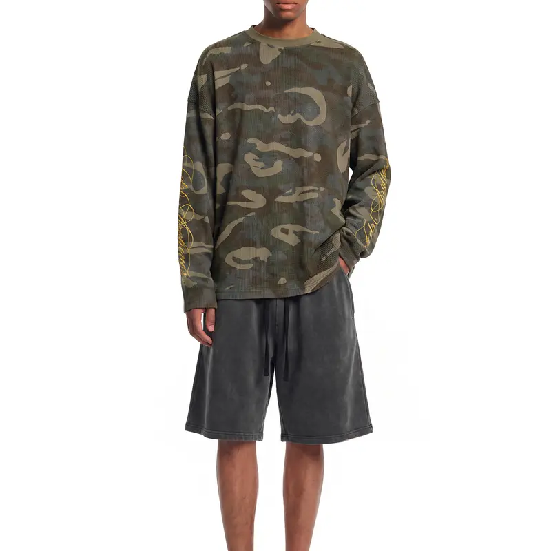FDR Women’s Streetwear Script Graphic Waffle Camo Long Sleeve T-Shirt, Vintage Casual Camouflage Top with Y2K Style#TikTokShopBackToSchool