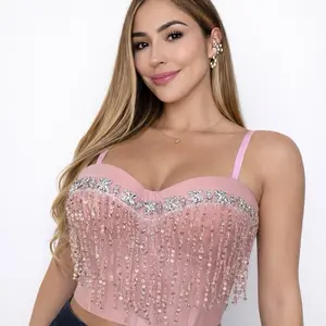 M12-20 Crystal Fringe Corset Top Elegant Rhinestone Bustier Crop with Sparkling Fringe Detail