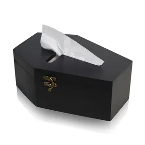 Coffin Tissue Box Holder, Coffin Tissue Box Cover, Black Wooden Coffin Shape Tissue Holder with Cross Design, Unique Gothic Tissue Dispenser Fit Most Square and Rectangle Tissue Gift Organizer Decorative Bathroom