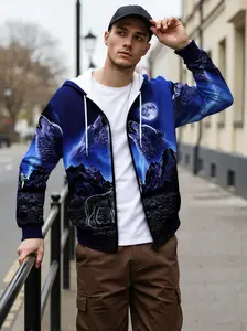 Autumn and Winter Men's Hooded Jacket Full Body 3D Wolf Print Knitted Polyester Fabric Long Sleeved Front Zipper Machine Washable Regular Style Non Stretchy Comfortable