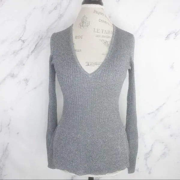 Veronica Beard | Esmeralda V-Neck Metallic Sweater | Grey | Size XS