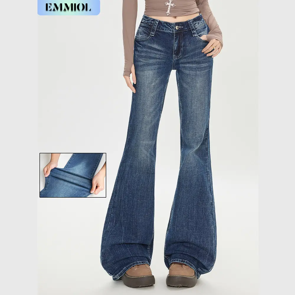 EMMIOL【Buy 4 Save 50】Women’s Y2K Vintage Denim Flare Jeans – Stretch Wide Leg Mid-Low Waist Casual Bootcut Jeans Outfit For Trendy Streetwear