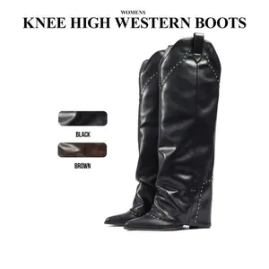 Womens Fold Over Studded Knee High Boots Pointed Toe Chunky Block Heels Fashionable Side Zipper Comfy Party Office Outing Clubbing Event Casual Spring Western Tall Boots