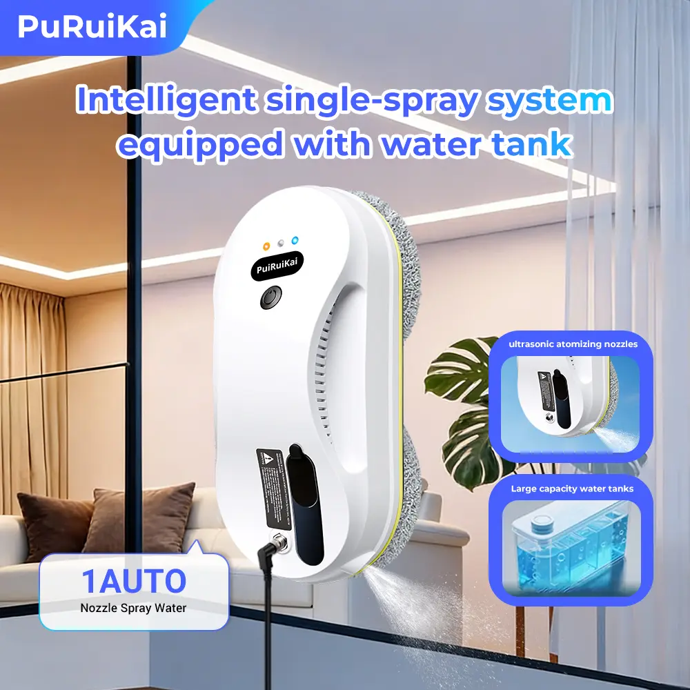 PuRuiKai Smart Round Window Cleaning Robot with Strong Suction Power (5600Pa), Single Auto Spray, Dual-Disk Design, Remote Control & Plug-in Operation
