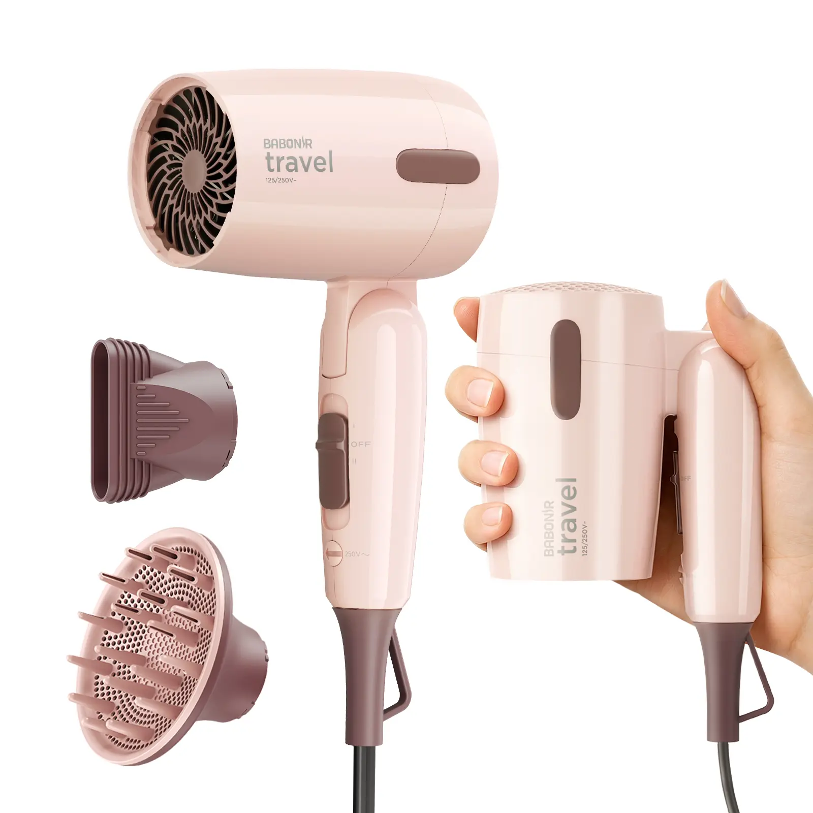 BABONIR Foldable Travel Diffuser Hair Dryer, 1600W Power Lightweight Model with Concentrator, Dual Voltage, 0.8 lb Portable Mini Design, 6FT Cord for Curly & Straight Hair Types