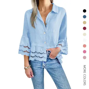 Danedvi Womens Casual Button Up Shirts Trendy Loose Hollow Out Ruffle Hem and 3/4 Sleeve Blouse Tops SpringStatements