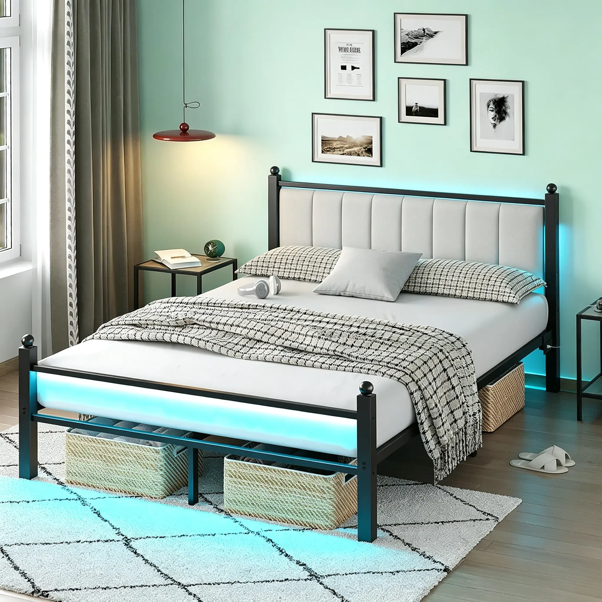 CollaredEagle Twin Bed Frame & Full Size Bed Frames, Platform Bed Frame with Headboard & Footboard, LED Lights, USB Charging Port, Under-Bed Storage, Sturdy Steel Slat Support, No Box Spring Needed